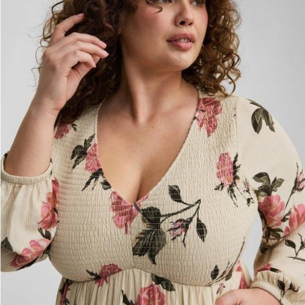 Torrid Rory Floral Long Sleeve Dress Smocked Bodice Gauze Woven Dress M/L NWT - Picture 3 of 16